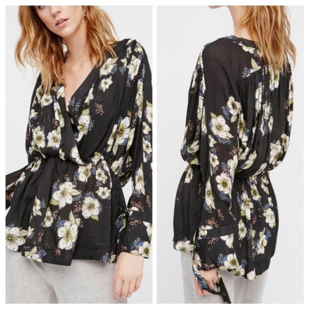 Free People Black Tunic with Roses SIze Medium